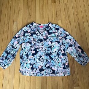 Lily Pulitzer large 100% silk blouse blue pink pattern elastic sleeves button